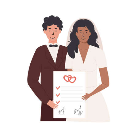 A groom and bride holding signed marriage contract. Interracial married couple with prenup document. Newlyweds with prenuptial agreement and marriage certificate. Vector illustration isolated on whiteのイラスト素材