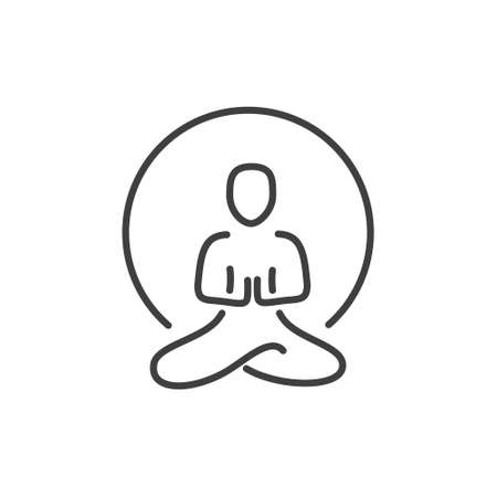 Meditating silhouette with aura energy field. Yoga and meditation symbol. Logo template for meditation, buddhist or spiritual wellbeing centre. Simple vector outline icon.のイラスト素材