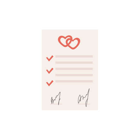 Marriage contract flat style colored icon. Prenup signed certificate. Prenuptial agreement form with check marks, two hearts and signature. Divorce document. Vector illustration isolated on white.のイラスト素材