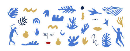 Big collection of organic shapes in freehand Matisse inspired art style. Set of trendy doodle abstract mid century elements on isolated white background. Vector illustration in flat style.のイラスト素材