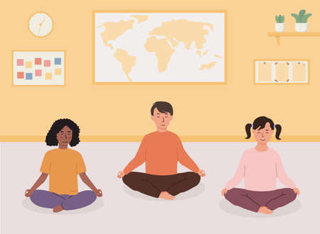 Primary or elementary school kids doing yoga in classroom. Smiling children sitting with cross legs meditating. Preschool activities, early childhood education concept. Alternative school. Vector.のイラスト素材