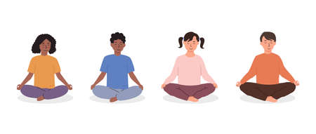 Diverse kids meditating. Children doing yoga exercise. Meditation lesson in kindergarten concept. Set of different race young female and male characters sitting on floor calmly. Vector illustration.のイラスト素材