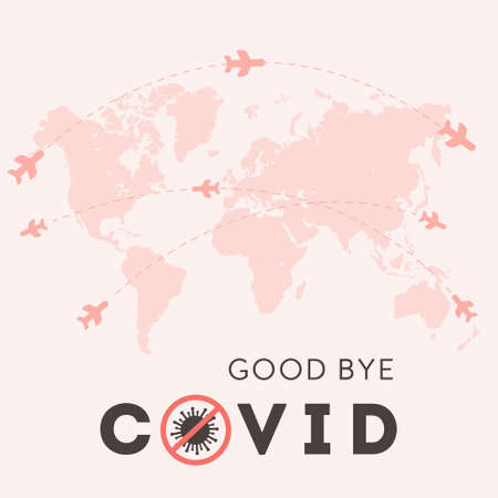 Good bye Covid. Concept of open borders for international travelling after coronavirus pandemic. Airplane flying all over the world map. Square vector banner. Illustration in flat style.のイラスト素材