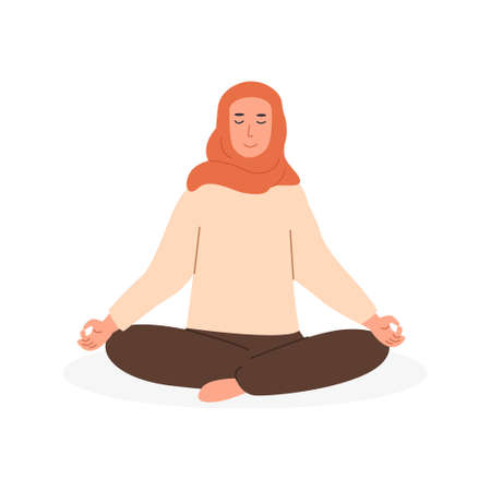 Modern young muslim female with crossed legs and closed eyes meditating and performing yoga breathing exercise. Woman practicing Pranayama and meditation. Flat vector illustration isolated on whiteのイラスト素材