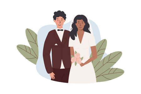 A groom and bride holding flower bouquet. Interracial married couple. Newlywed couple of man and woman. Romantic marriage of love partners. Husband in suit, wife in wedding dress. Vector illustrationのイラスト素材