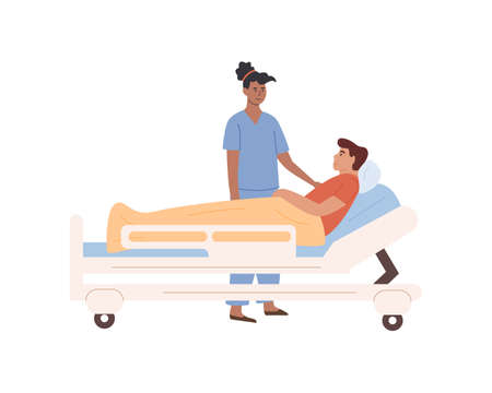Doctor or black skin nurse visit patient at hospital. Medical personnel working at clinic. Sick old man lying on bed. Private healthcare. Vector flat illustration isolated on white background.のイラスト素材