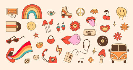 Big retro set of stickers with 70s 80s style elements. Old fashioned objects, psychedelic mushroom and daisy flower. Hippie outline colored icons. Vector illustrationのイラスト素材