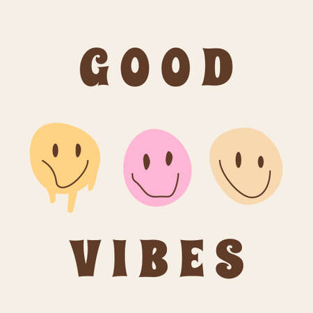 Square card or poster with melting smiling faces in vintage color. Drug trip psychedelic hippie inspired characters with groovy lettering saying Good Vibes. Vector illustrationのイラスト素材
