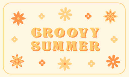 70s inspired retro hippie graphic poster with groovy summer lettering. Daisy flowers print with floral background. Vector illustration in flat vintage styleのイラスト素材