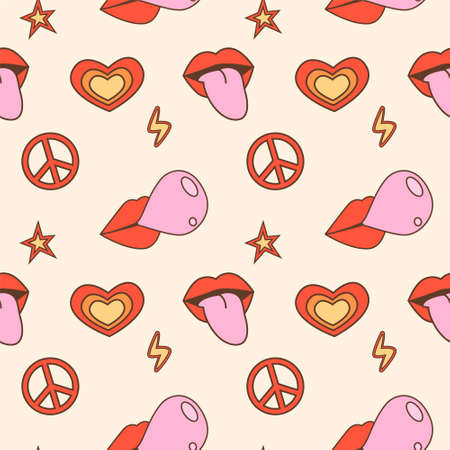 Mouth with tongue sticking out, lips blowing pink bubble gum, peace sign, heart and star retro...