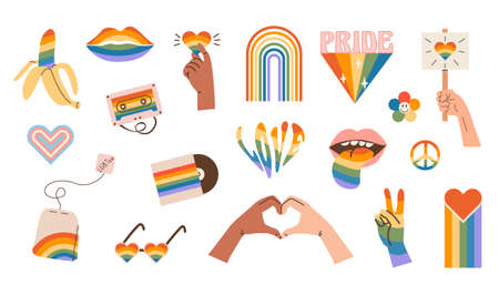 Vector set of LGBTQ community symbols with pride flags, gender signs, retro rainbow colored elements. Pride month stickers. Gay parade groovy celebration. LGBT flat style icons and slogan collection.のイラスト素材
