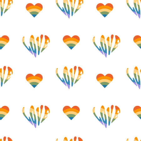 Seamless pattern with rainbow colored groovy word love in heart shape. Retro 60s 70s background with...