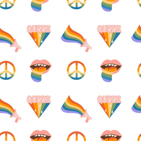 Seamless pattern with rainbow colored peace sign, loudspeaker and queer word with colors of LGBT flag. Retro groovy 60s 70s background design with LGBT symbols pride month and gay parade. Vector.のイラスト素材