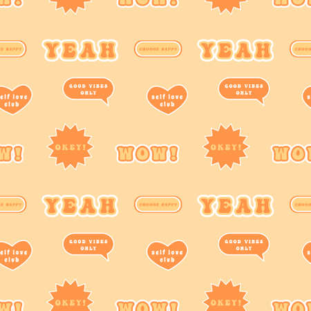 Retro seamless pattern with various cool trendy patches or stickers. 70s hippie culture inspired background. Vintage color palette. Vector illustration in flat style.のイラスト素材