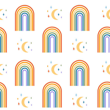 Seamless pattern with rainbow arch in groovy 70s style and moon with stars. Contemporary minimalist background in boho style. Mid century modern wall decor with LGBT symbol. Pride. Vector illustrationのイラスト素材