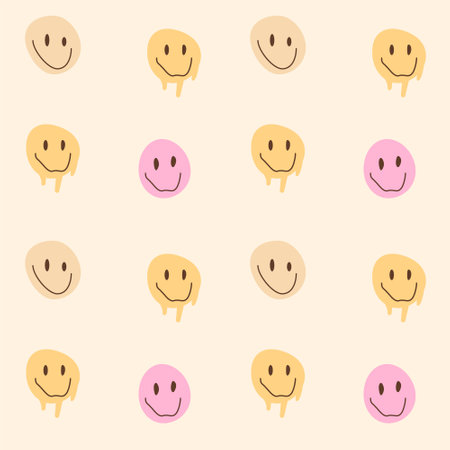 Retro seamless pattern with melting smiling faces and mushrooms. Drug trip psychedelic hippie culture inspired background. Retro vintage color palette. Vector illustration.のイラスト素材