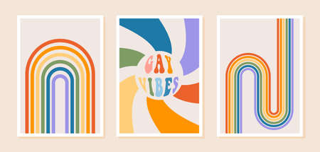 Pride month posters with rainbow and gay vibes phrase in retro groovy 60s 70s style. Set of queer vertical greeting cards with mid century rainbow. Greeting cards with positive rainbow colors. Vector.のイラスト素材