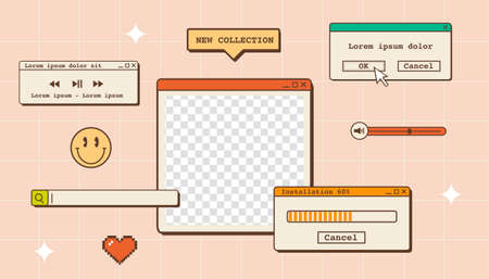 Vaporwave desktop wallpaper template with place for picture. Abstract vintage aesthetic background. 90s old computer user interface dialog windows. Nostalgic retro computer ui. Vector illustration.のイラスト素材