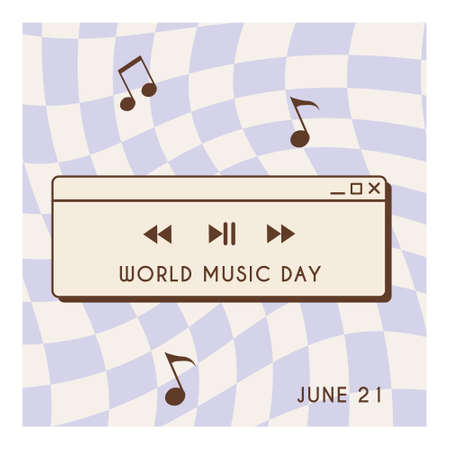 Retro style World Music Day square card, banner design. Vintage music devices, vinyl record disc and cassette tape. Nostalgic old-fashioned vector illustration in flat style.のイラスト素材