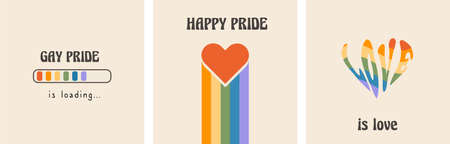 Vector set of retro greeting cards for LGBTQIA Pride Month. Social media post with groovy queer slogans and phrase. LGBT rainbow flag colors, love word in heart shape and Gay Pride Loading bar. Vectorのイラスト素材