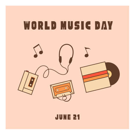 Retro style World Music Day square card, banner design. Vintage music devices, vinyl record disc and cassette tape. Nostalgic old-fashioned vector illustration in flat style.のイラスト素材