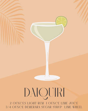Daiquiri Cocktail in martini glass garnish with lime slice. Retro print of summer aperitif recipe. Wall art minimal poster with alcoholic beverage and tropical palm tree shadow on background. Vectorのイラスト素材