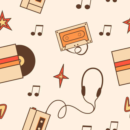 Retro seamless pattern with retro analog vinyl record, roller skate, peace sign, heart and smiling flower. Vintage background with 70s 80s nostalgia comic style elements. Vector illustrationのイラスト素材