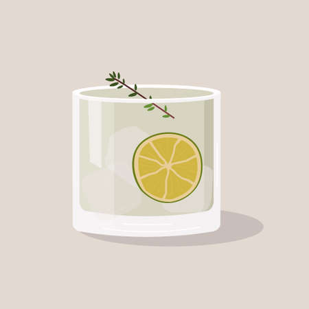Gin Tonic Cocktail with ice. Summer aperitif garnished with slice of lime and green herb sprig retro poster. Minimalist print with alcoholic beverage isolated on background. Vector flat illustrationのイラスト素材