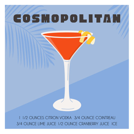 Cosmopolitan Cocktail in martini glass garnished with lemon twist. Summer aperitif recipe. Retro minimalist square print. Card with alcoholic beverage with tropical palm shadow. Vector illustrationのイラスト素材