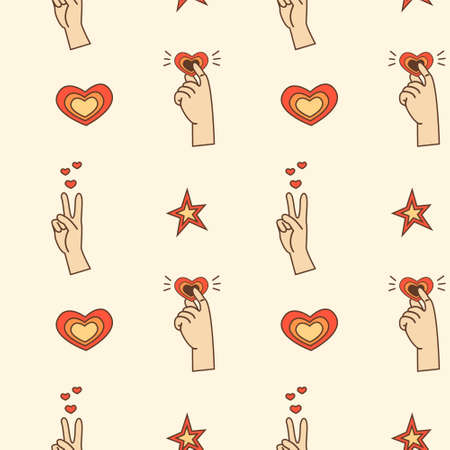 Retro seamless pattern with peace sign hand gesture and heart holding between fingers. Funky, groovy seventies style design. Vector illustrationのイラスト素材