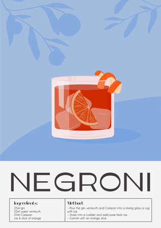 Contemporary poster of Negroni cocktail with orange slice and citrus peel. Classic italian alcoholic beverage recipe. Drink in old fashioned glass with ice. Trendy retro placard. Vector illustration.のイラスト素材