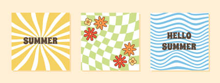 Hello Summer greeting card in 60s 70s retro style. Set of square card with trippy psychedelic checkerboard background and vintage lettering. Poster with daisy flowers. Vector funky hippie illustrationのイラスト素材