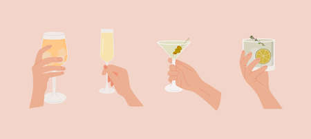 Set of female or male hand holding glass with alcoholic cocktails, champagne and wine. Alcohol...