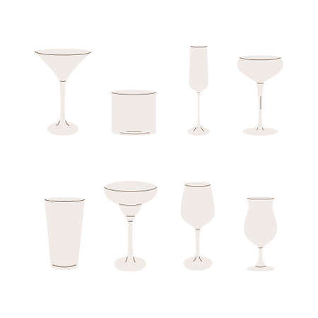 Vector set of cocktail glasses flat icons. Trendy modern simple style of different barware. Empty glassware for bar. Various glass for alcoholic beverages, drinks, juices and smoothies.のイラスト素材
