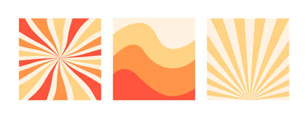 Set of wavy and sun rays backgrounds in warm retro autumn colors. Groovy hippie backdrop. Retro 60s...