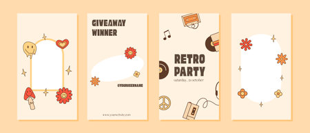 Social media ig post template with funky nostalgic frames. Retro 60s 70s aesthetic greeting cards. Vintage background for online blog. Vector set of square poster in groovy style with hippie symbols.のイラスト素材