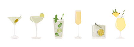 Set of classic cocktails. Different alcoholic drinks in various glasses. Summer aperitif. Mojito, Mimosa, Pina colada, Martini, Daiquiri and Margarita. Vector flat illustration of alcohol beverages.のイラスト素材
