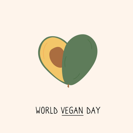 World Vegan Day greeting card. Avocado in heart shape. Cute minimalist print for vegetarian menu or organic shop. Vector hand drawn colored illustration in flat style isolated on white background.のイラスト素材