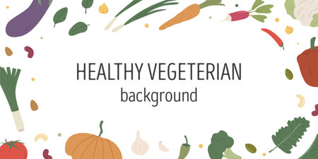 Banner with different colorful vegetables for farmers market menu design. Healthy food. Frame or border with various organic local products horizontal template. Vector flat style illustration.のイラスト素材