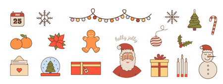 Merry Christmas and happy New Year vector collection in 60s 70s retro style. Groovy winter holiday elements. Positive hippie xmas icons. Vector illustration isolated on white background.のイラスト素材