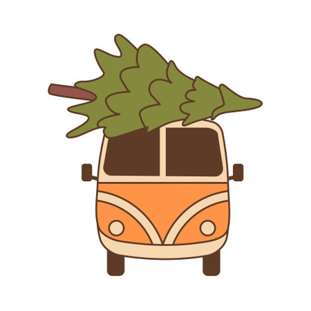 Vintage camper van with xmas tree. Merry Christmas and Happy New Year vector sticker in 60s 70s retro style. Groovy winter holiday elements. Vector xmas icon illustration isolated on white.のイラスト素材