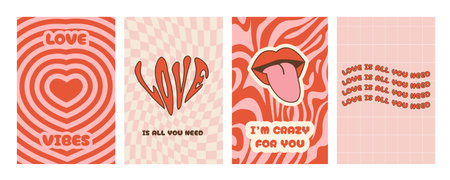 Happy Valentines day greeting card with inspirational slogan. Set of funky groovy hippie love posters. Abstract background in trendy retro 60s 70s cartoon style. Vector illustration.のイラスト素材