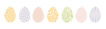 Set of decorated Easter eggs with retro groovy trippy patterns in 60s 70s style. Groovy hippie Happy Easter with distorted psychedelic design. Vector illustration isolated on white background.のイラスト素材