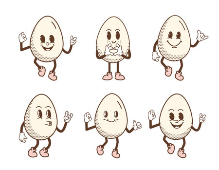Retro cartoon smiling egg mascot character walking jumping standing. Retro Easter Egg with halftone pattern with different face emotions. Vector outline illustration for t-shirt print or poster designのイラスト素材