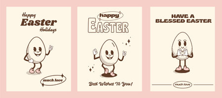 Set of Happy Easter Holidays greeting cards or prints in vintage nostalgic style. Funky retro Easter Egg cartoon character. Quirky outline mascot with halftone shadow. Vector illustration.のイラスト素材