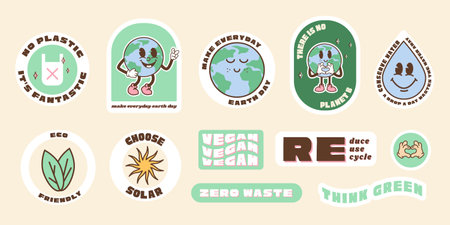 Save the planet stickers in trendy retro cartoon style. Sticker pack for Earth or World Environment Day. Funny vector illustration of planet Earth, globe with smiley face. Eco green labels or badges.のイラスト素材