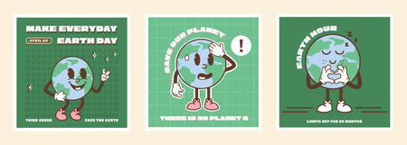 Set of square cards for Happy Earth Day. Vintage nostalgia cartoon planet mascot character with environmental slogan. Save the planet recycle concept social media ig banner. Retro vector illustration.のイラスト素材