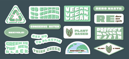 Trendy environmental quotes and in retro style. Sticker pack save the planet. Earth Day collection...