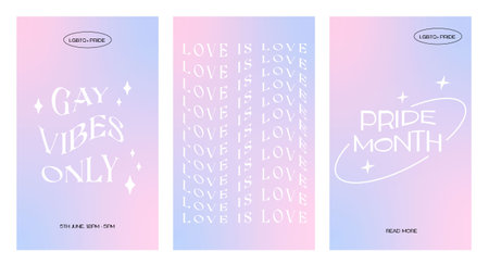 Modern design for Pride Month card, banner. Set of trendy minimalist queer aesthetic posters with gradients shapes. LGBTQ y2k backgrounds or stories templates for social media. Vector illustration.のイラスト素材