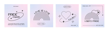 Set of trendy minimalist queer aesthetic square posters with linear rainbow and heart shape. Y2K Pride Month social media templates. Retro LGBT cards design with modern typography. Vector illustrationのイラスト素材